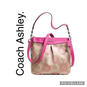 Coach Ashley Hippie Crossbody Shoulder Bag Khaki Fuchsia Pink F20088
